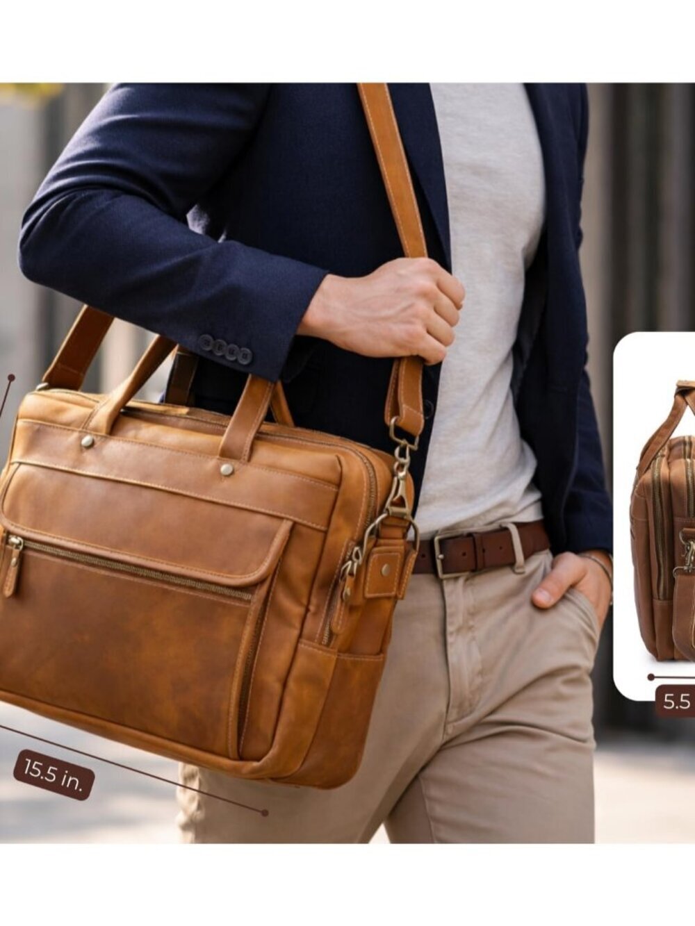 Men's Tan Genuine Leather Vintage Adjustable Strap Stylish Messenger Hand Bag - Picture 2 of 6